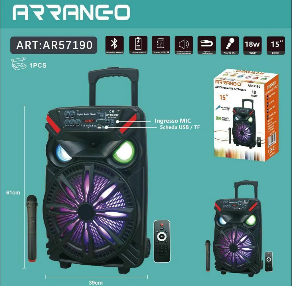 150W, speaker, 15", trolley, tripod, microphone, remote control, rechargeable, Arrango