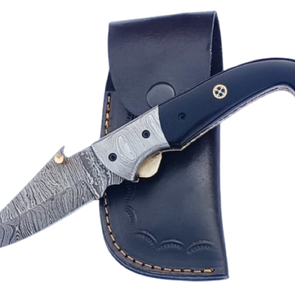 2 pcs, handmade, underlock folding knife, damascus steel, bull horn handle, leather case SCZ-940