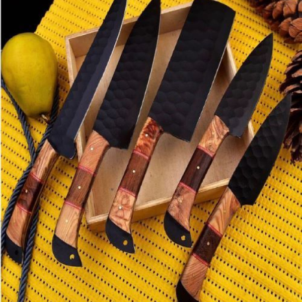 6 pcs, handmade, kitchen knife, damascus knives set, wood handle, lather case