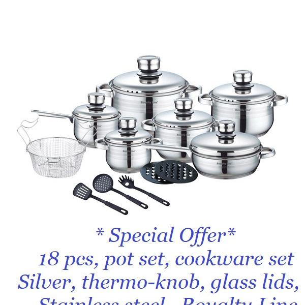 18 pcs, pot set, cookware set, silver, thermo-knob, stainless steel, glass lids, Royalty Line