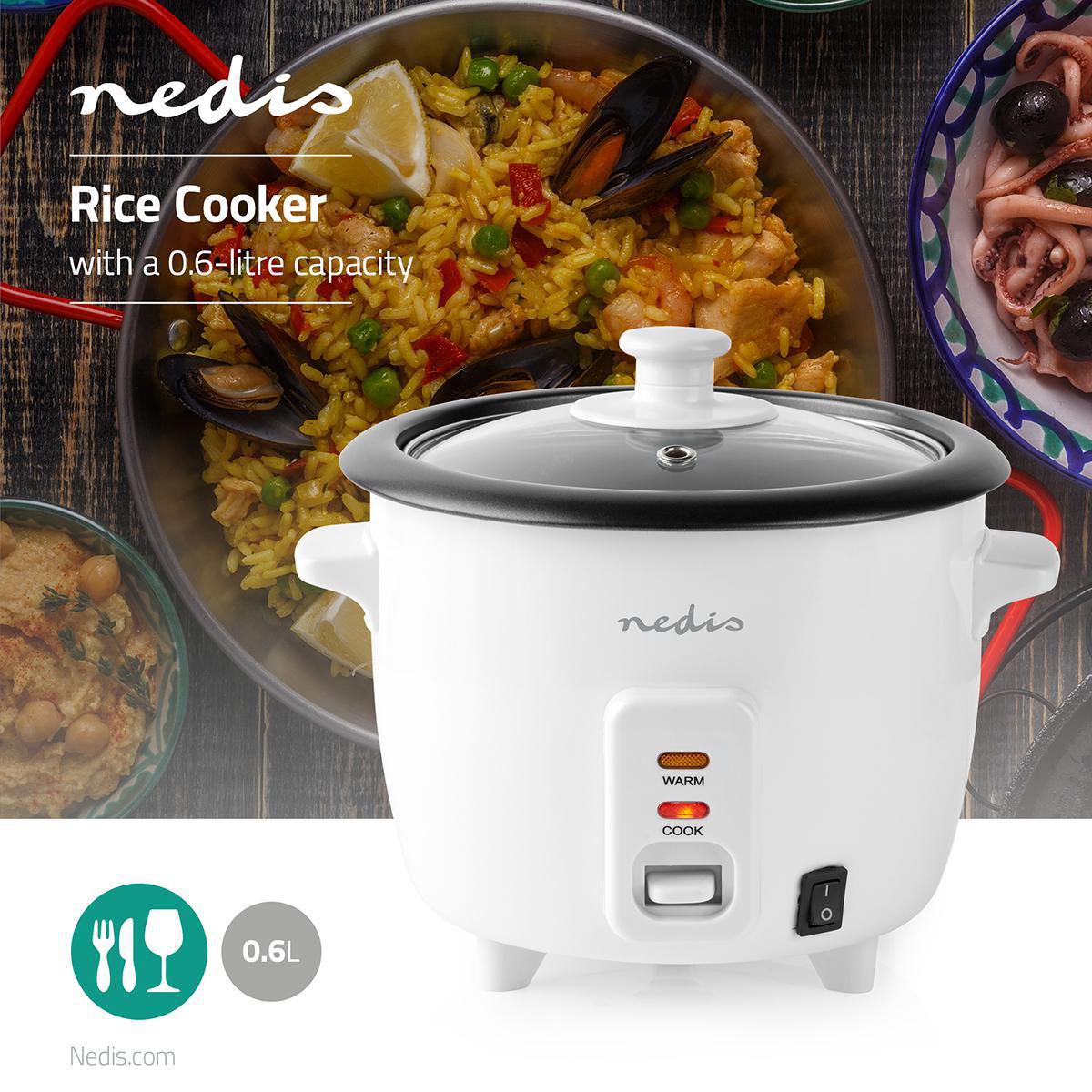 300W Rice cooker 0.6 lt, alluminium steamer, non-stick coating, removable bowl *Nedis*
