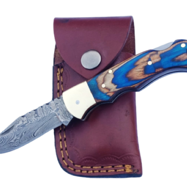 2 pcs, handmade, folding knife, damascus steel, rosewood handle, leather case, SCZ-952-B