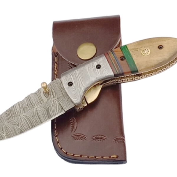 2 pcs, handmade, underlock folding knife, damascus steel, olive wood handle, leather case SCZ-945