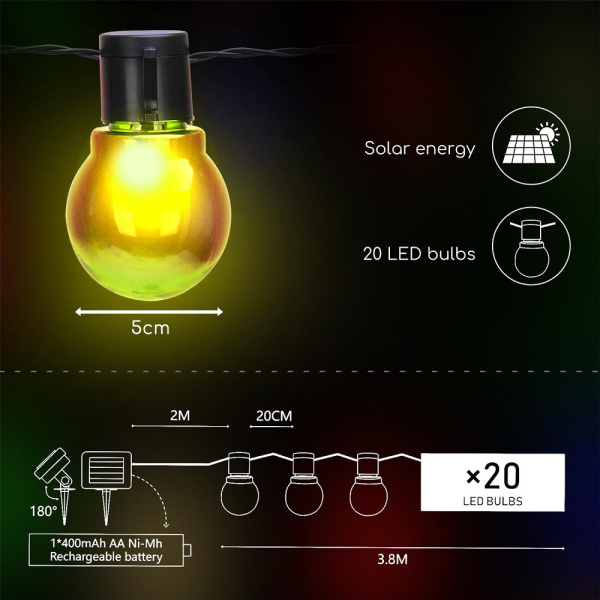 Multicolored Solar powered String lights 20 leds bulb *Aigostar*