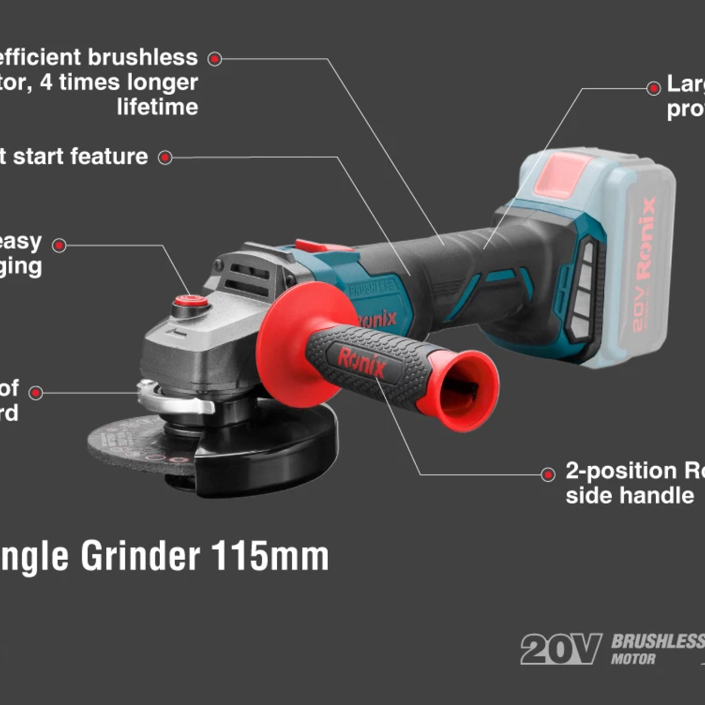 Cordless, mini angle grinder, 20V, 115mm, Brushless Series, no battery, RONIX