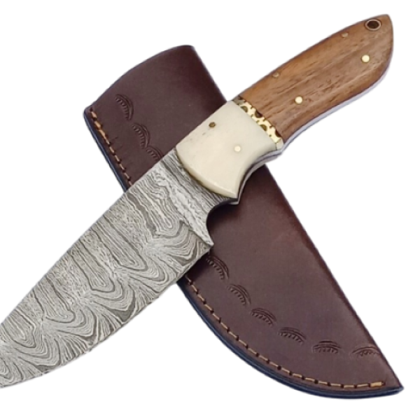 2 pcs, handmade, skinning knife, damascus steel, camel bone handle, leather case SCZ-933