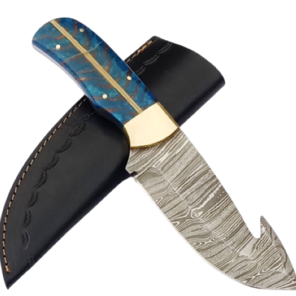 2 pcs, handmade, skinning knife, damascus steel, wooden roots handle, leather case, SCZ-920
