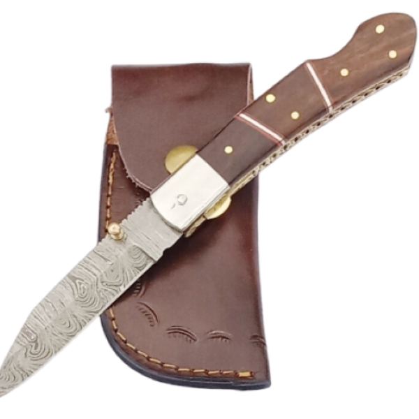 2 pcs, handmade, underlock folding knife, damascus steel, rosewood handle, leather case SCZ-958
