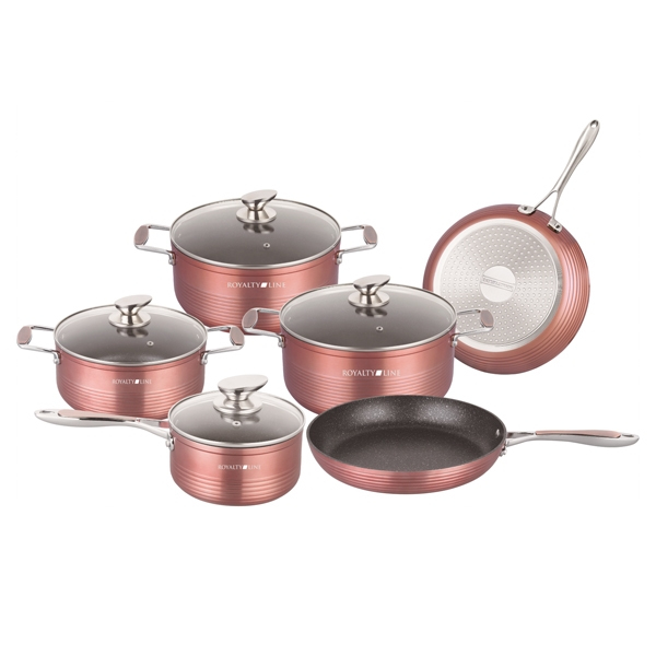 10 pcs, pot set, rose gold, die cast aluminium, marble coated, cookware set, Royalty Line