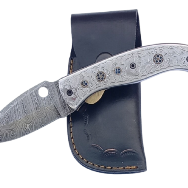 2 pcs, handmade, underlock folding knife, damascus steel, engraved stainless steel handle, leather case SCZ-943