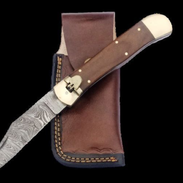 Handmade, damascus steel, knife, switchblade, leather holster, brown olive