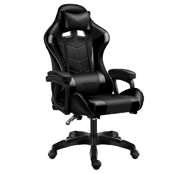 Black, gaming chair, neck & lumbar cushions, height-adjustable