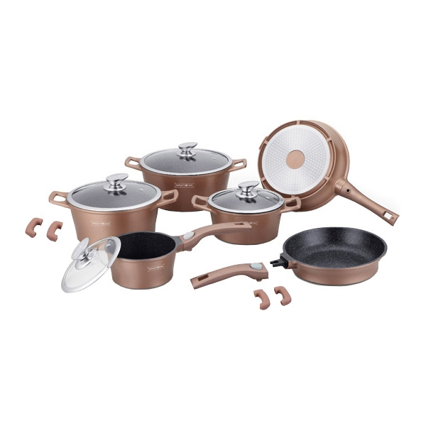 14 pcs, cookware set, brown copper, click handle, marble coated, glass lids, Royalty Line