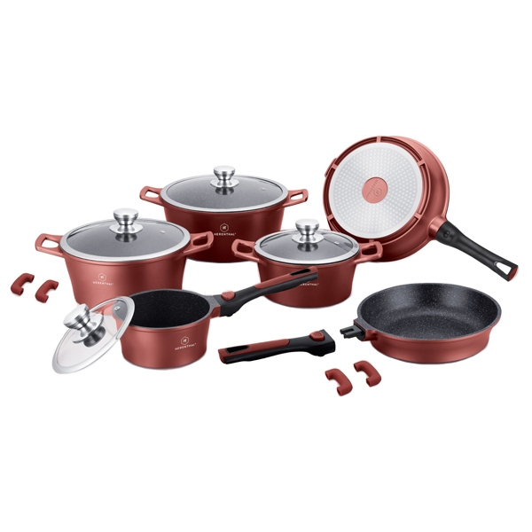 14 pcs, cookware set, burgundy, click handle, marble coated, glass lids, Herenthal