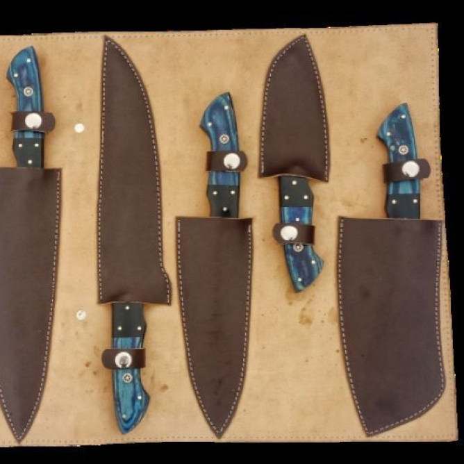 6 pcs, handmade, kitchen knife, damascus knives set, wood handle, lather case
