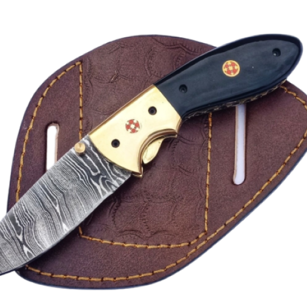 2 pcs, handmade, underlock, folding knife, damascus steel, bull horn handle, leather case SCZ-938