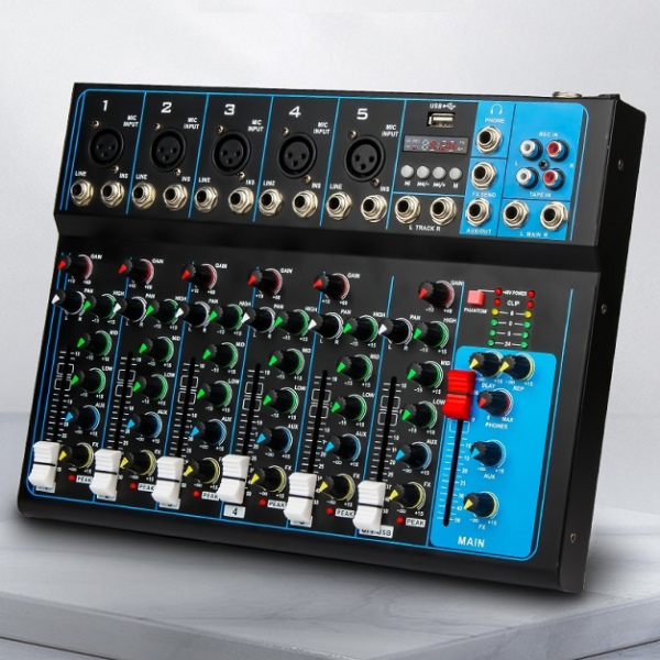 Professional, 7 channels, audio mixer, bluetooth, USB, stereo, RCA inputs