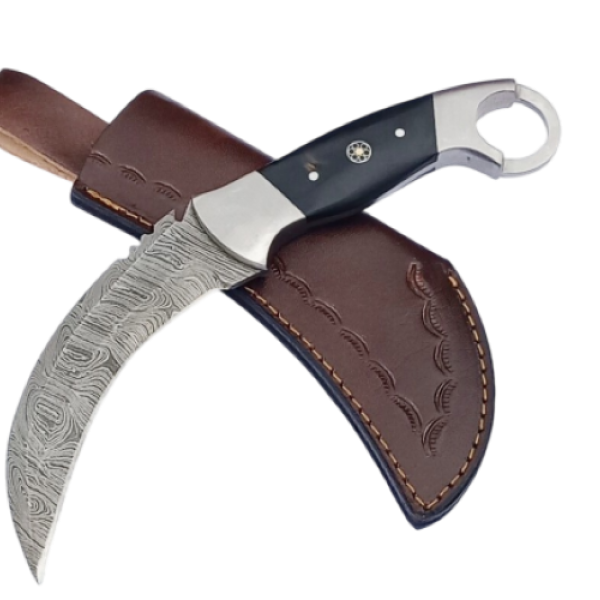 2 pcs, handmade, skinning knife, damascus steel, bull horn handle, leather case SCZ-907