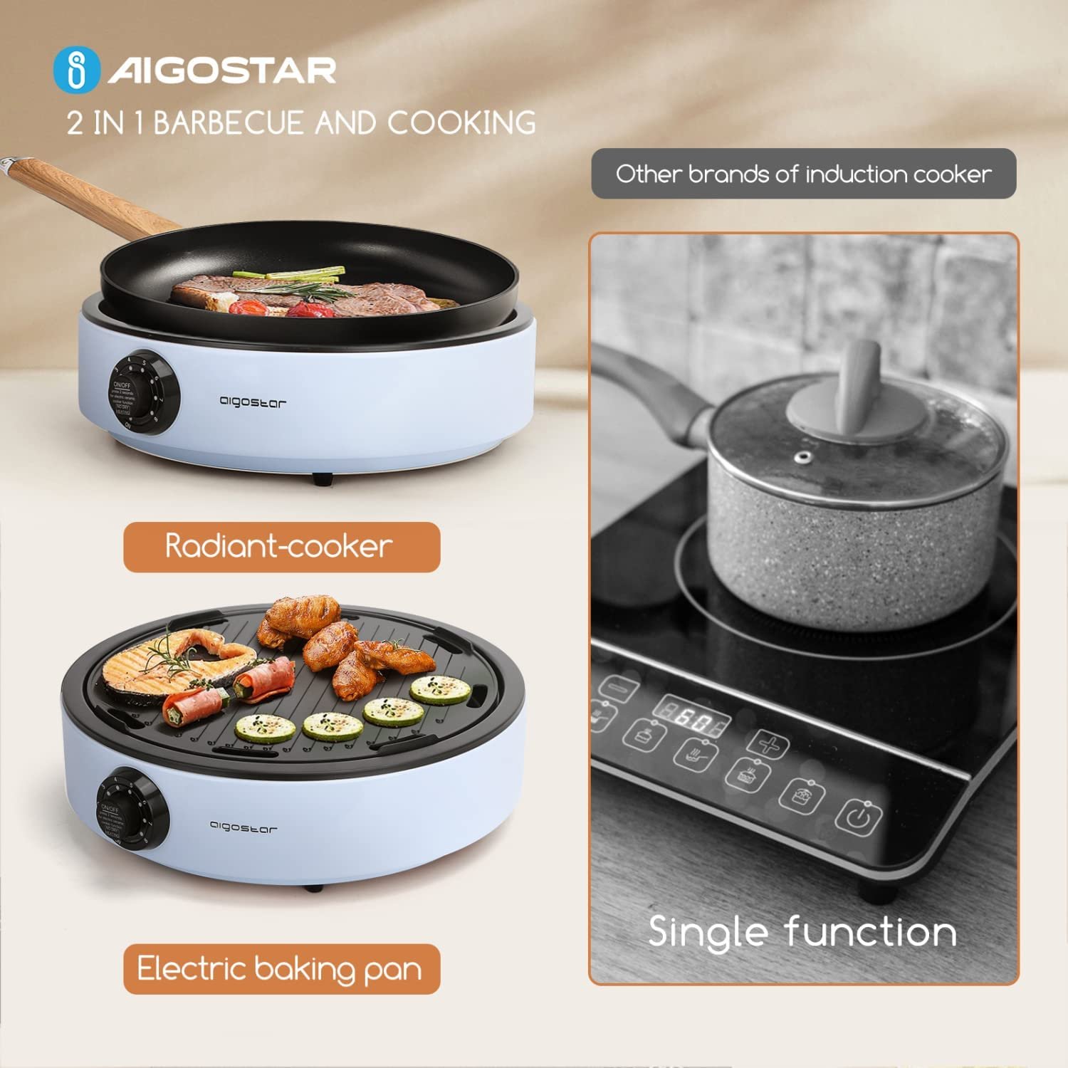 2000W, induction plate, glass ceramic cooking plate, electric grill,  2 in 1, Aigostar Foodie