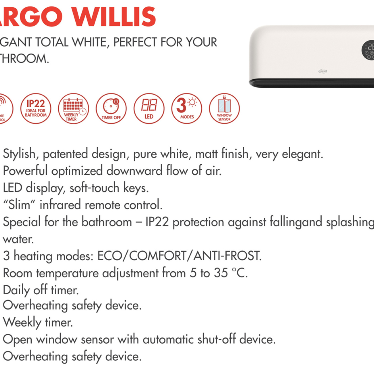 1100/2000W, bathroom, wall heater, remote, blue LED display, timer, IP22, open-window sensor, ARGOCLIMA WILLIS