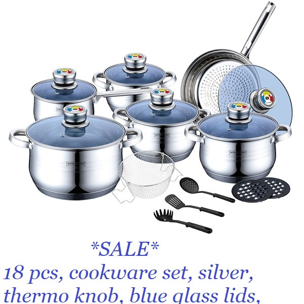 18 pcs, cookware set, silver, thermo knob, blue glass lids, cookware set, Royalty Line