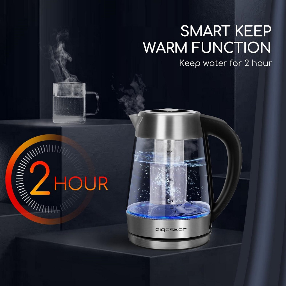 1.7LT, electric glass kettle, variable temperature, warm function, led light, Aigostar Chris