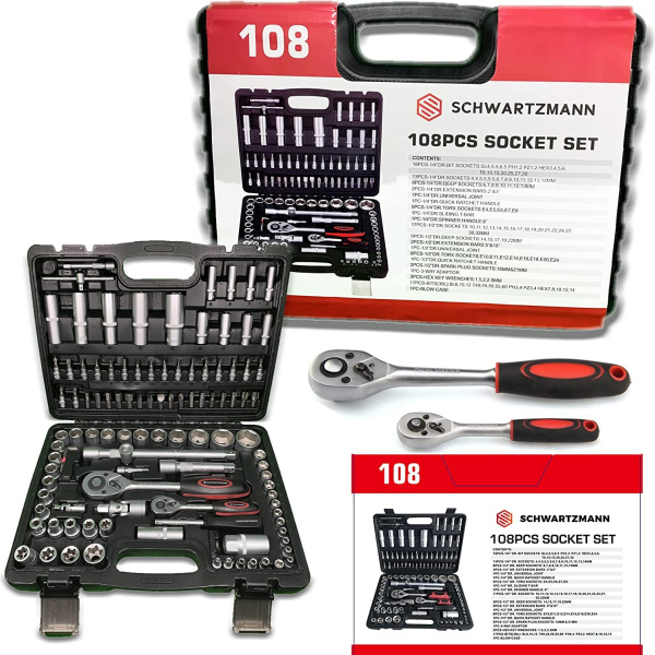 108 pcs, tools box, socket set, matt finish, black, H37.5xW22.0xD53.0 cm, SCHWARTZMANN