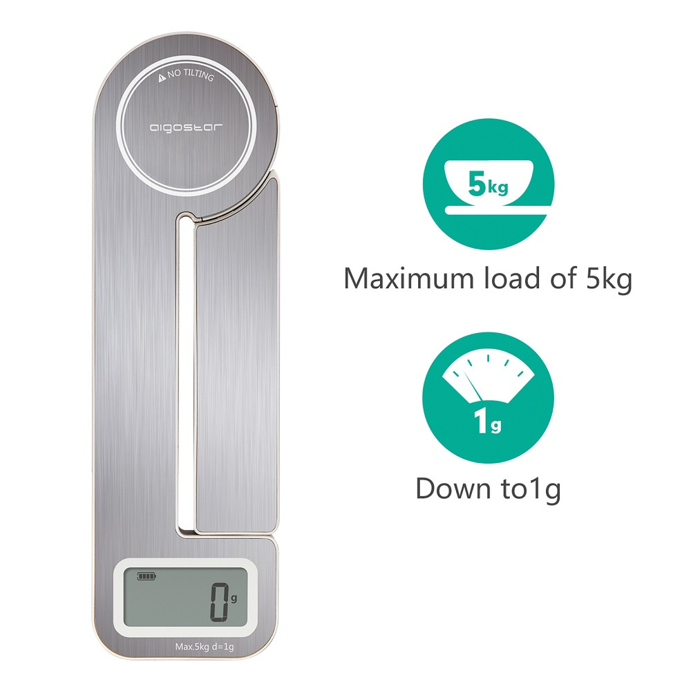 5Kg, foldable, digital scale, manual charging, save on batteries, stainless steel, Aigostar Nano