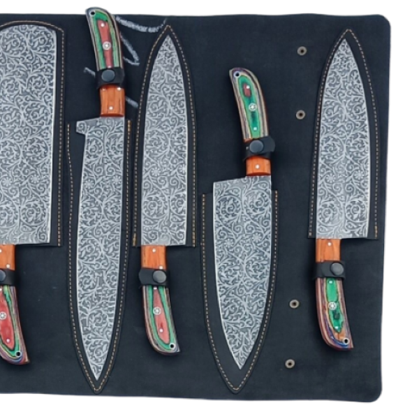 6 pcs, handmade, damascus chef knives set, multicolored wooden sheet handle, leather case CSZ-985