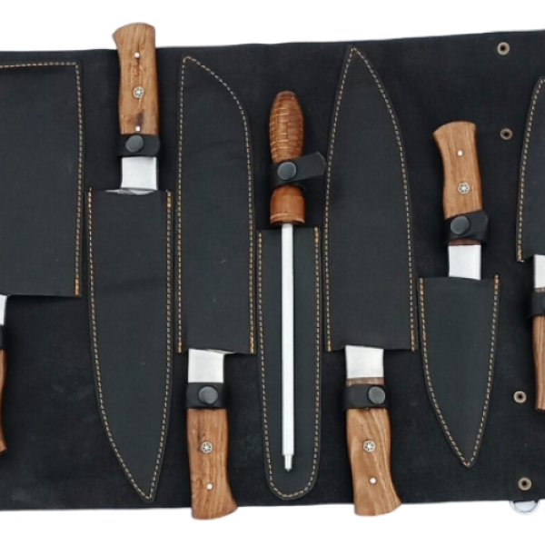 8 pcs, handmade, damascus chef set, rosewood handle, leather case SCZ-977-A