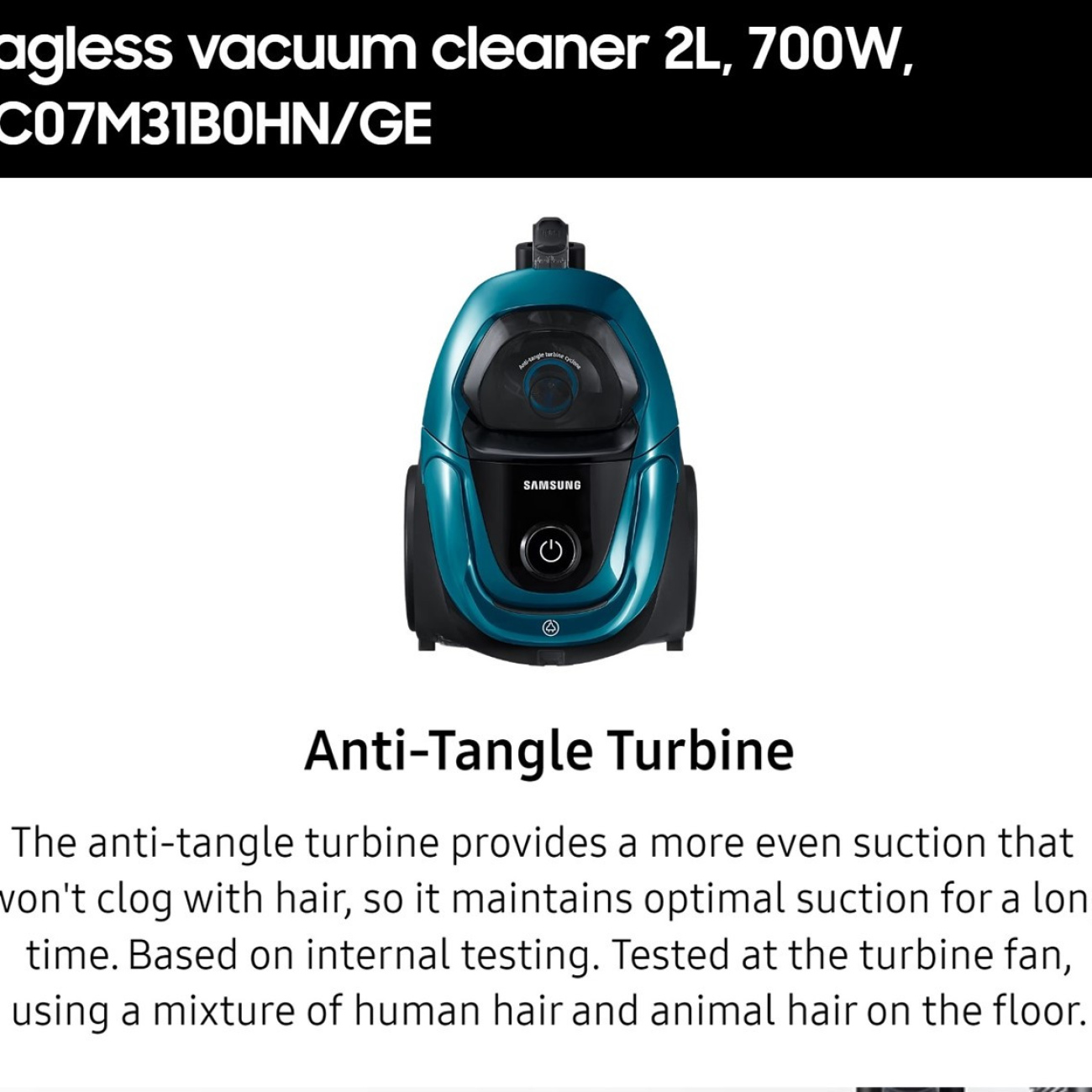 700W, bagless, vacuum cleaner, cyclonic, 2.0Ltr, 6mtr cord, black/blue, SAMSUNG VC07M31B0HN/GE