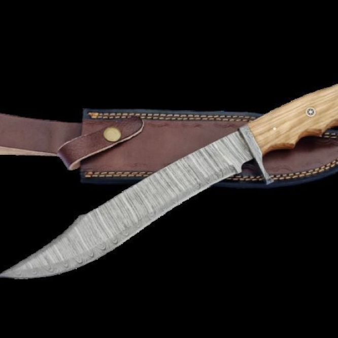 Handmade forging, hunting bowie knife, damascus steel, leather holster