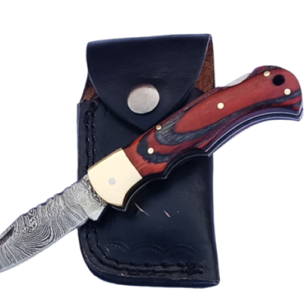 2 pcs, handmade, folding knife, damascus steel, rosewood handle, leather case, SCZ-952-A