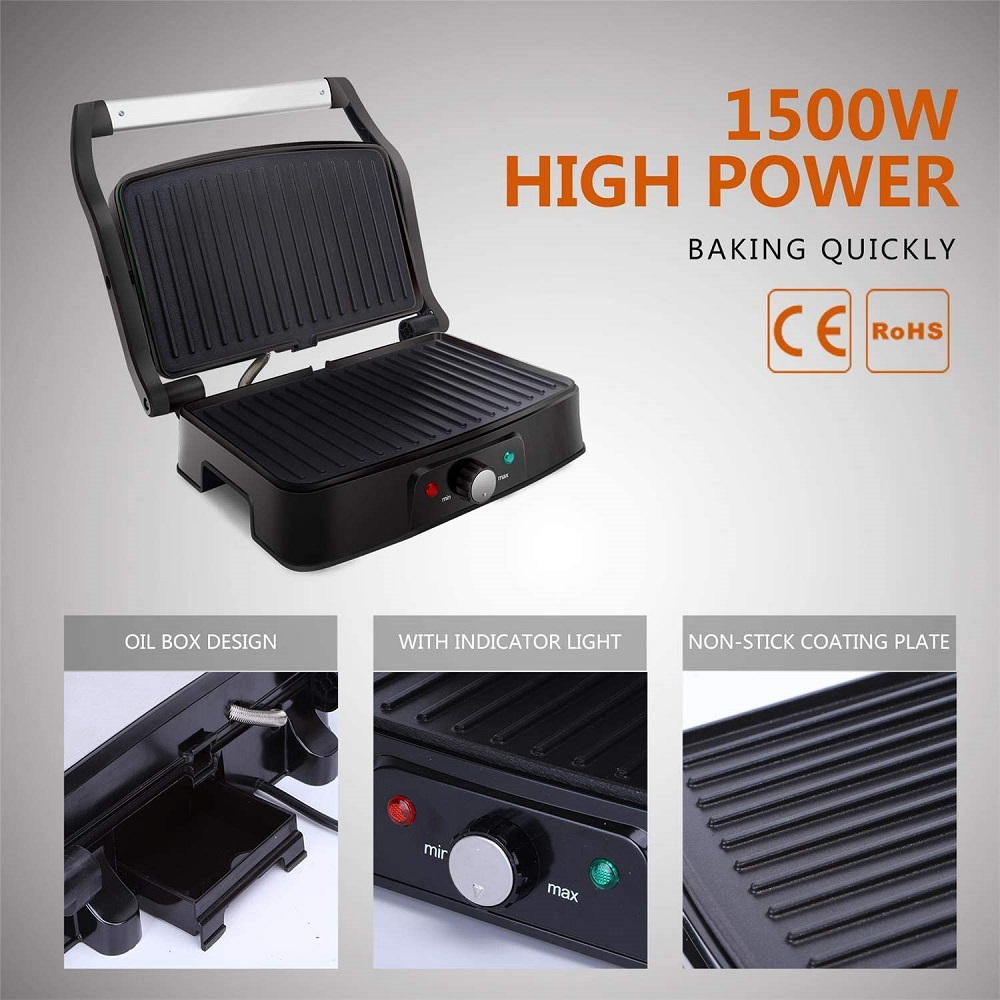 1500W, electric grill, contact grill, panini maker, sandwich maker, opening 180°, Aigostar Hitte