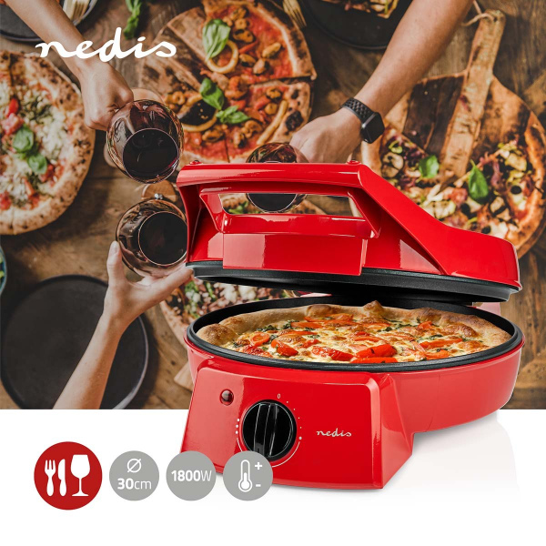 1800W, pizza maker, table grill, 30cm, double plate, adjustable temperature control, red, NEDIS FCPM100FRD
