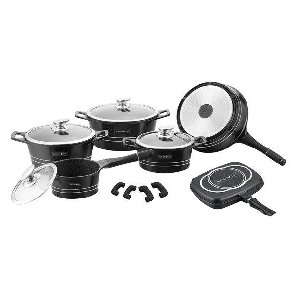 Royalty Line RL-ES1015M-Black Cookware Set x15pcs Marble-coated Black Glass-Lids with Removeable Click-Handle