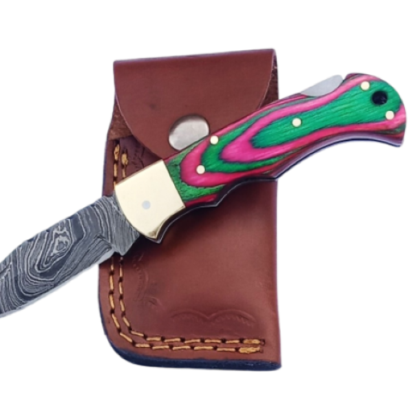 2 pcs, handmade, folding knife, damascus steel, rosewood handle, leather case, SCZ-952-E