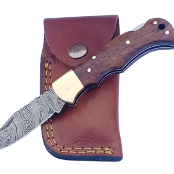 2 pcs, handmade, folding knife, damascus steel, rosewood handle, leather case, SCZ-952-C (1)