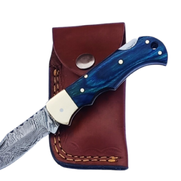 2 pcs, handmade, folding knife, damascus steel, rosewood handle, leather case, SCZ-952-G