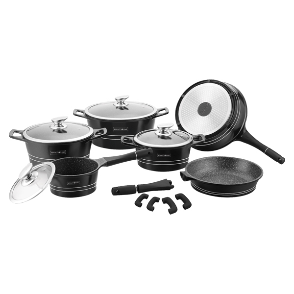 14 pcs, cookware set, black, removeable handle, marble coated, glass lids, Royalty Line