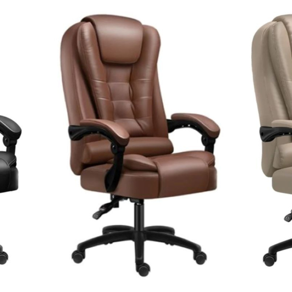 Three colors available, executive, office chair, high-back support, reclining, adjustable height, multiple cushions, sliding armrest