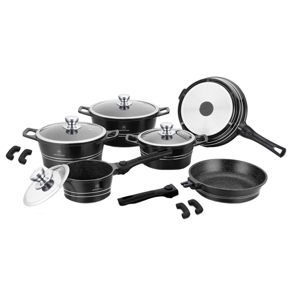 14 pcs, cookware set, black, click handle, marble coated, glass lids, Herenthal