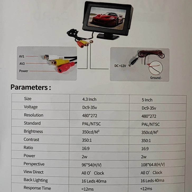 5 inch, car monitor, HD, color AV, TFT, LCD monitor, rear view, Andowl Q-CA901