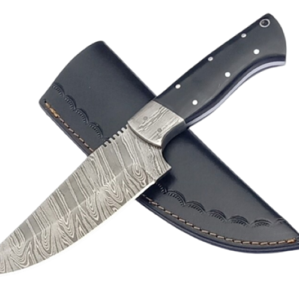 2 pcs, handmade, skinning knife, damascus steel, bull horn handle, leather case SCZ-916