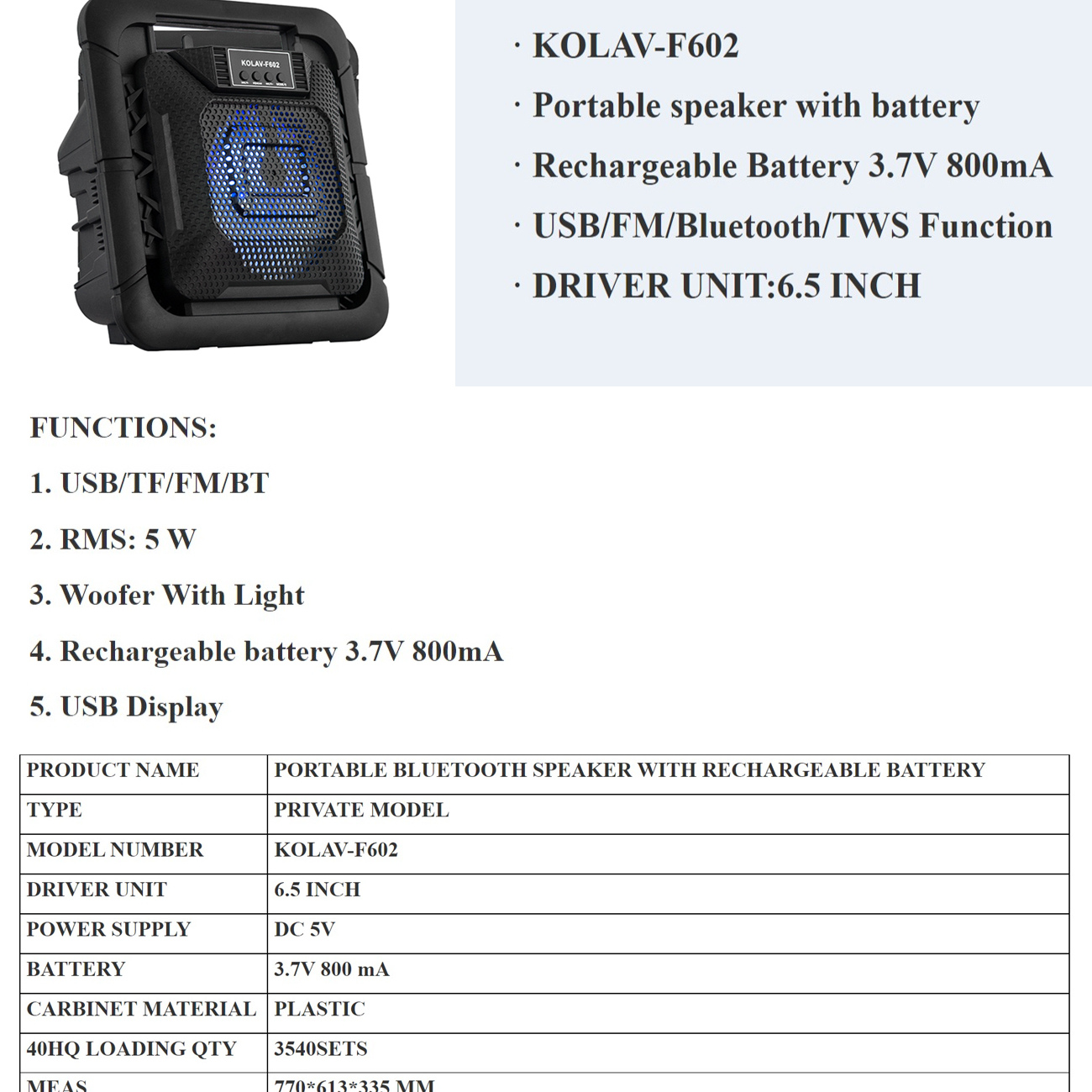 10W-RMS, portable speaker, bluetooth rechargable with light effect, F602 6.5" *Kolav*