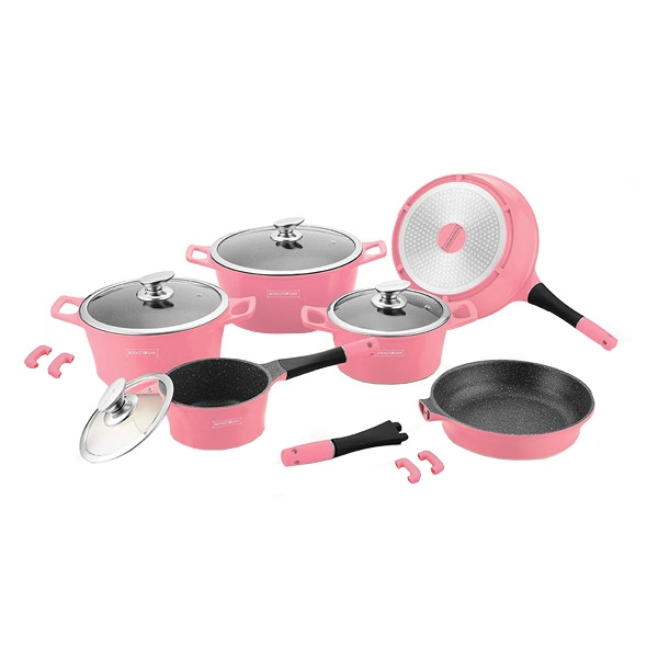 14 pcs, cookware set, pink, removeable handle, marble coated, glass lids, Royalty Line