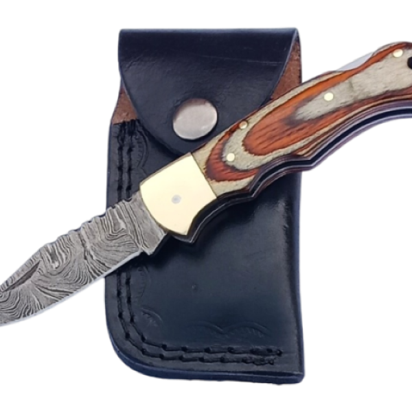2 pcs, handmade, folding knife, damascus steel, rosewood handle, leather case, SCZ-952-F