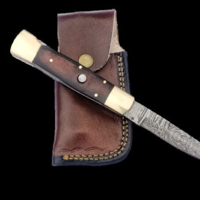 Handmade, damascus steel, knife, switchblade, leather holster, brown