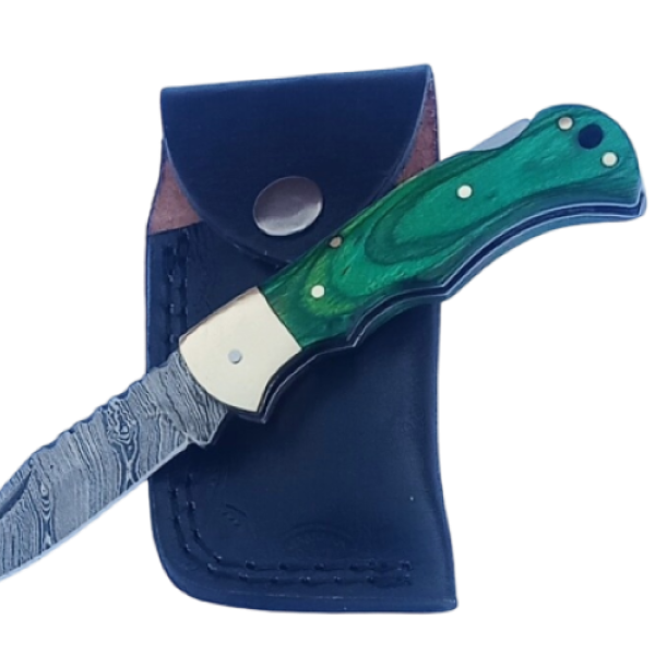 2 pcs, handmade, folding knife, damascus steel, rosewood handle, leather case, SCZ-952-C