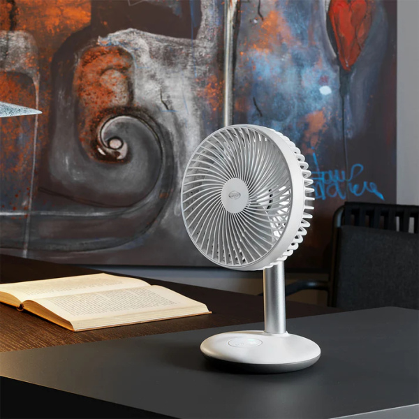 15cm, desk fan, plastic blades, 5W, 4 speed, battery-powered, 4000mAh, up to 12hr, LED panel, vertical tilt, ARGOCLIMA ORFEO